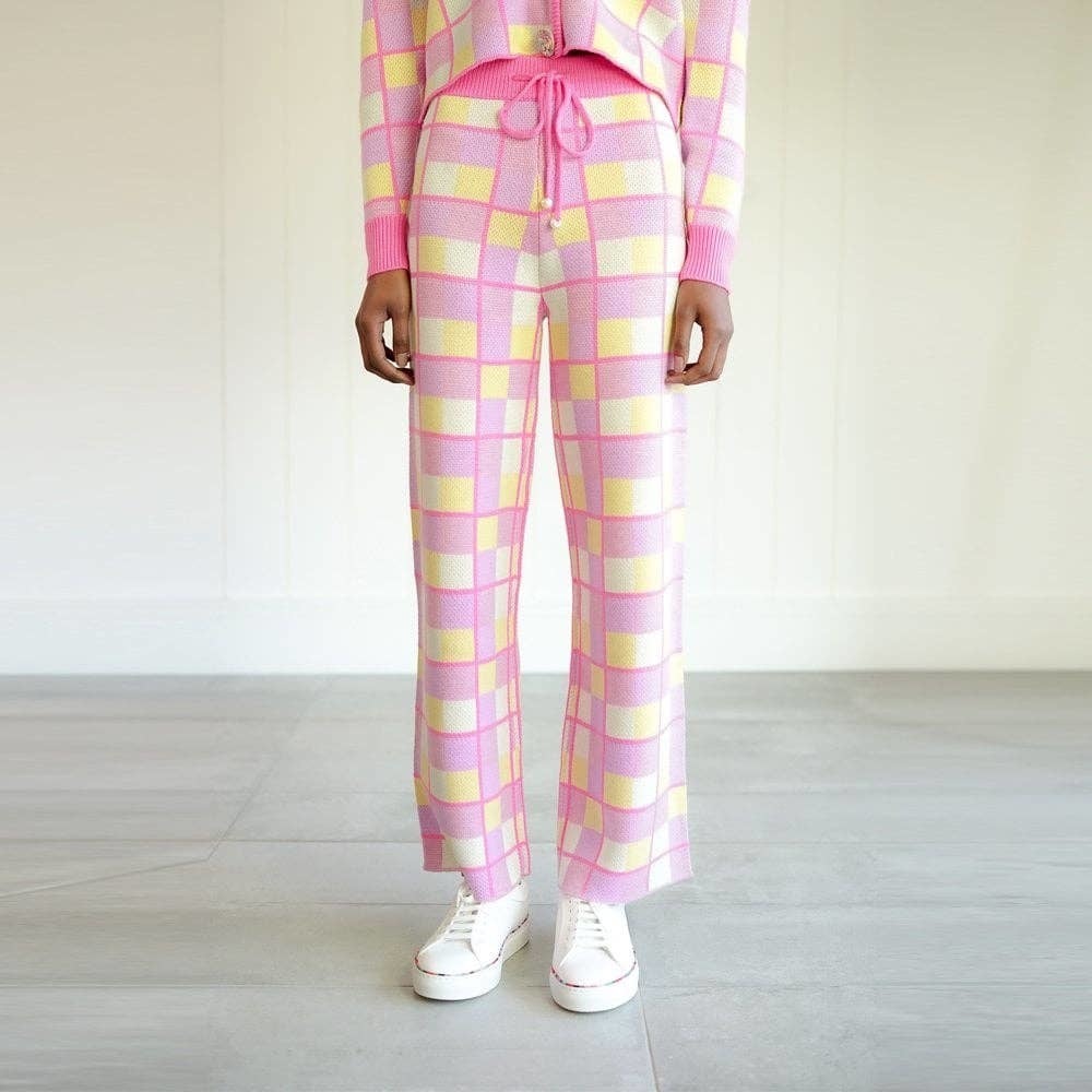 Olivia Rubin Womens Wide Leg High Rise Check Knitted Sweatpants Size XS Pink